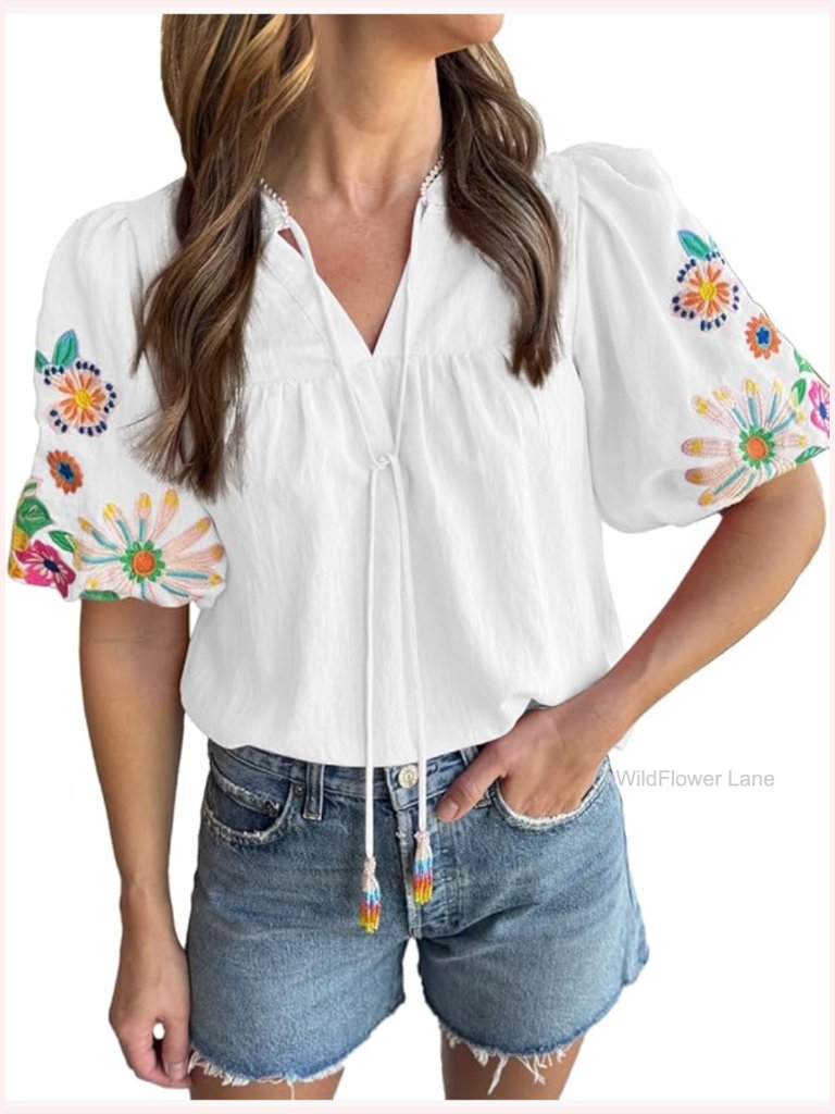 V Neck Boho Short Puff Sleeve Embroidered Blouse Tunic Summer Top